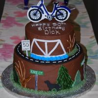 Bicycling Themed Cake For A 50Th Birthday 6" and 9" tiers, chocolate buttercream with fondant accents and handpainted gumpaste bicycle topper. The street signs are names...