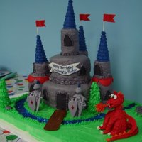 Knights And Castle Castle cake for my twin boys' knight themed birthday party. 6" and 9" cakes. The towers and top center tower are rice cereal...
