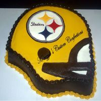 Steeler Helmet One of two of these retro helmets I did. 2-layer marble cake using the Wilton helmet pan. Icing is all buttercream with colorflow Steelers...