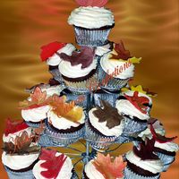 Fall Cupcakes I made these for a family reunion. Devil's food cc with cool whip icing and fondant leaves and pumpkin painted with luster dust.