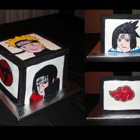 Naruto Shippuden 8" square cake frosted with buttercream. Characters, Akatsuki cloud and the Sharingan (round thing on the side ) are color flow and...