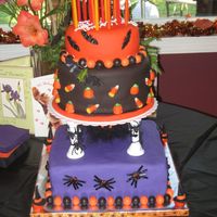Halloween/birthday Cake This cake was covered in fondant, I colored white fondant with color gel. The cakes were all different flavors, one was chocolate, one was...