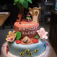 Hula Girl Playing Harp Gumpaste decor. White cake with pina colada filling. Palm tree w/ coconuts, sea animal include turtle, dolphin, school of fish, not shown...