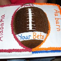 Alabama Vs Auburn Rival Football Cake I used the Wilton Football Cake Pan and the basic Wilton Sheet Cake pan for this. I used tips # 16 and 4. I used the colors Orange, Royal...