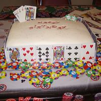 Casino Cake For 50Th Birthday sheet cake. fondant covered. real playing card border, full house inserted in and chocolate $50 medallions.
