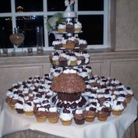 Heart Wedding Cupcake Tower molded white and dark chocolate hearts in buttercream choc and vanilla cupcakes. Giant cupcake cake as well.