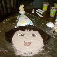 Dora Cake For Kayla cut a circle from the center of a 9 x 13 cake, move side pieces up and frost!!! Easy as pie and she LOVED it.