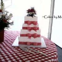 Square 4 Tier With Red Gingham Ribbon. This is a 12, 12, 10, 8 the 8 is a dummy.