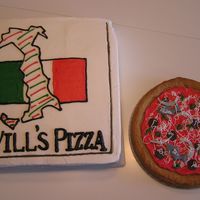 Pizza And Box The pizza box is cake. The pizza is a cookie with buttercream sauce and cheese and fondant toppings.