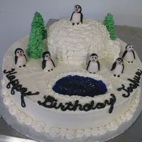 Happy Birthday Penguins This cake is gluten and dairy free for a young boy with allergies. The igloo is cake covered with frosting. The trees are frosting as well...