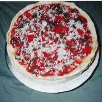 Pizza Cake This was done for a pizza party. The top was fondant with strawberry preserves for the sauce and fruit roll ups cut like peperoni, coconut...