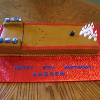 Bowling Alley This is two 9x13 chocolate cakes placed end to end. I cut the second one about 3/4 of the way down. The "ball return" is made of...