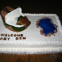 Camo/fishing Baby Shower 12x18 white cake, white buttercream icing. The bassinet is made from 2 layer oval cake with buttercream covered in camo fondant. I also...