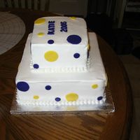 Graduation Cake 10" square and 6" square, both white cake with white buttercream. The fondant dots and letters are actually purple and gold but...