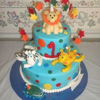 2 Tier Jungle Themed Cake A 2 tier jungle themed cake for a 1st birthday, cakes were both vanilla cake with vanilla buttercream, polka dots and a number 1 on the...