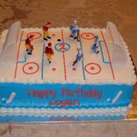 Hockey Rink Cake is all buttercream with plastic nets and figures. A really easy cake to make and it looked really neat!