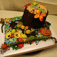 Woodland Fantasy French Vanilla Sheet Cake with Lemon & Bavarian filling. Stump is Chocolate cake and Chocolate Bavarian filling. All characters are...