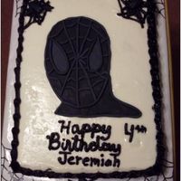 Black Spiderman Cake White cake covered in sfr icing and mmf ( which flopped). Spidey is cut from fondant and outlined with rolled fondant. My last attempt at...