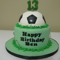 Soccer Birthday A simple soccer cake, inspired by many others, for a boy entering the teen years. The soccer ball is covered with white fondant and painted...