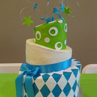 Quince white cake with buttercream icing. Used fondant for decorations and real ribbon. First time I inserted layer upon layer to get the look.