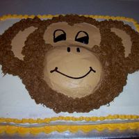 Monkey Birthday Cake 3/4 white cake. 1-6" round cake pan used to split for carving out the ears. A ceramic cereal bowl used for the muzzle. Quite fun and...