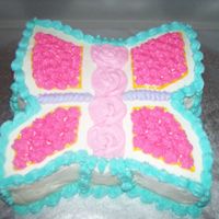 Butterfly Cake 2-9" round cakes cut in half and inverted. Carved out indentation of wings. Used snow white buttercream frosting which had meringue...