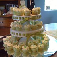 Mini Cupcake-Bridal Shower Mini lime flavored cakes with coconut flavored buttercream icing pipped in a floral shape with green sprinkles in the center.