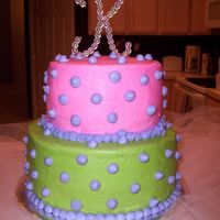 Green Pink & Purple Dots This was my first "paid cake!" I was so pleased with how it turned out. It's white cake with strawberry cream filling &...