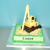 Backhoe Cake Fondant backhoe. Used loaf pan and carved 'tires' and body of digger. Arms are 2 bubble tea straws covered in fondant. BC grass....
