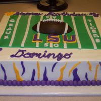 Lsu Birthday white cake with buttercream and fondant decorations. I had alot of fun with this cake. It's far from perfect, but I am pretty happy...
