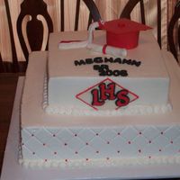 Graduation Cake bottom layer is redvelvet with cream chesse filling and top layer is chocoate. iced in Buttercream with all gumpaste accents. Square cakes...