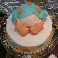 Anderson Baby Rump 10" buttercream decorate base, rounded pan bottom covered with fondant. Feet are RKT covered with fondant