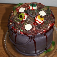 Witches Cauldron Witches cauldron with bloody eyeballs, rats tails and brains. Ewwww. Really gummy eyeballs and brains, fondant rat tail and piping gel for...