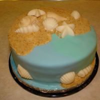 Seashell Cake Covered with fondant. Sand is tan icing with crumbled nilla wafers for sand. Shells are made out of white chocolate. Pearls are edible as...