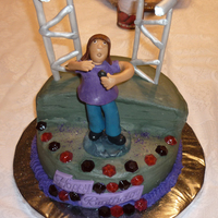 Singing Fondant Happy Birthday and scaffolding holding real working lights. Figure is gum paste and gems are hard sugar candies.