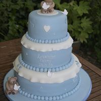 3 Tier Stacked Christening Cake All sponge 3 tier stacked pale blue & Ivory Christening cake with bears.