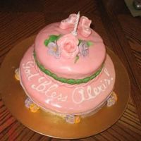 Baptism Cake For Alexis Chocolate cake w mocha buttercream covered in MMF, w MMF decorations