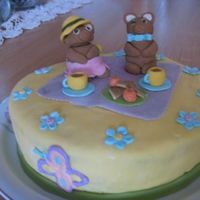 Teddy Bear Picnic Birthday Cake Chocolate cake w chocolate mousse and cherries, convered in fondant w fondant decorations
