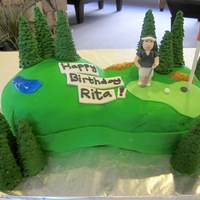 Golf Cake Half chocolate cake half yellow cake filled and iced with chocolate and vanilla frosting. Trees are made out of sugar cones and golfer is...
