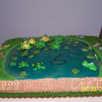 Frogs I did half a sheet cake all in buttercream except for the rocks. I used fondant for them. My nephew is obsessed with frogs so I featured 7...