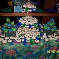 Peacock/music Theme 140 cupcakes made with buttercream icing. The theme was music because the groom is a musician and the bride wanted peacock also in the...