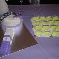 Tennis Cake French vanilla cake w/buttercream icing. This was a wedding shower cake. The bride iis an avid tennis player. The balls are iced Ding Dongs...