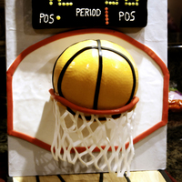 Basketball Cake The score board is rice krispy treats covered in black fondant with fondant, royal icing and modeling chocolate for letters and numbers....
