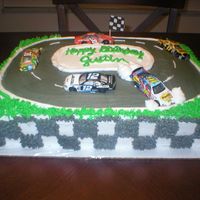 Nascar Racecar Cake This is a nascar cake for my sons birthday...He wanted to put the real cars on there :) and have one wreck into the wall :)