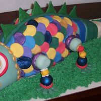 Mason's Dinosaur Sculpted from four layers of cake (Sylvia's Red Velvet in cc recipes). Legs and tongue are gumpaste. Covered in Satin Ice, tail is...