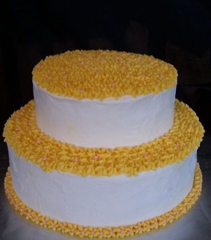 First Stacked Cake Practice Cake - Base is two 9" Betty Crocker "Starlight" Yellow cakes with Chocolate Peanut Butter Fudge filling, top is two...
