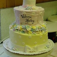 Mad Hatter Baby Shower Buttercream iced cake with cut-out fondant pieces and buttercream flowers. Hand painted writing on fondant banner.