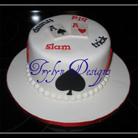 Bridge Club Cake I made for my MIL Bridge Club Marathon Game. Last minute thing. 6" Carrot Cake/rasp. cc., decorations gumpaste. TFL