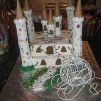 A Castle For A King And Queen Vanilla cake with chocoalate buttercream covered in fondant. Details were done in gumpaste, cobblestone hand painted