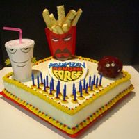 Aqua Teen Hunger Force Cake For My Boyfriend this was for my bf's 22nd b-day. My sister helped me a WHOLE lot. I did the plaque in the middle out of royal icing and I did the...